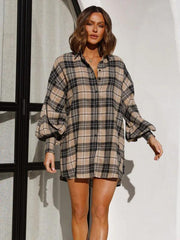 comfortable plaid lantern sleeve long sleeve shirt - 808Lush