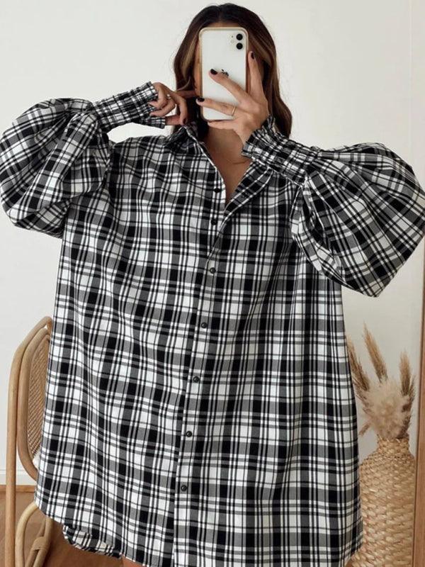 comfortable plaid lantern sleeve long sleeve shirt - 808Lush