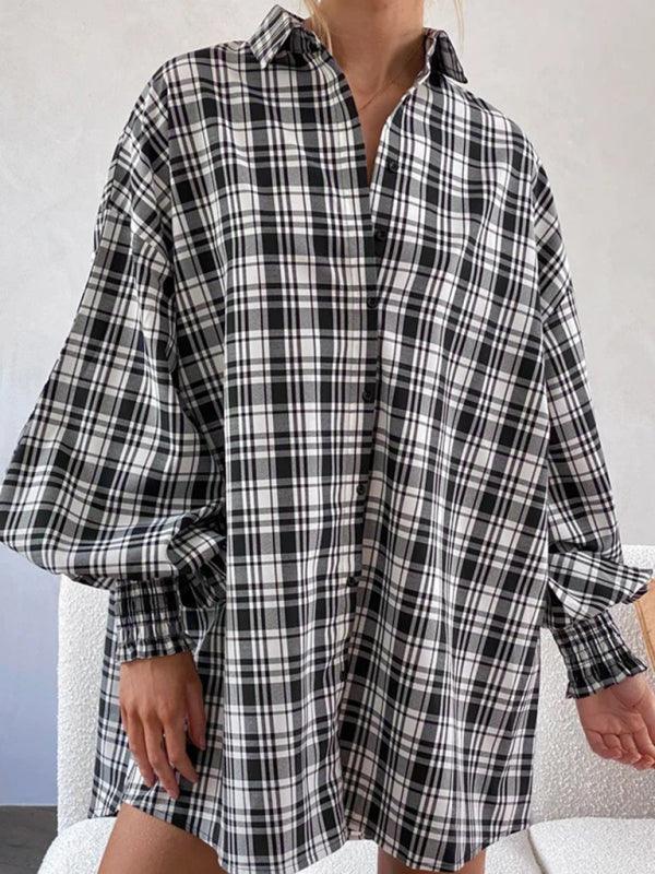 comfortable plaid lantern sleeve long sleeve shirt - 808Lush