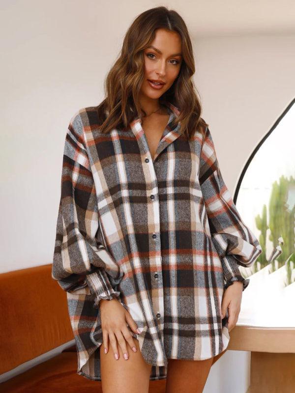 comfortable plaid lantern sleeve long sleeve shirt - 808Lush