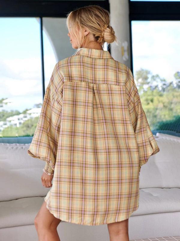 comfortable plaid lantern sleeve long sleeve shirt - 808Lush