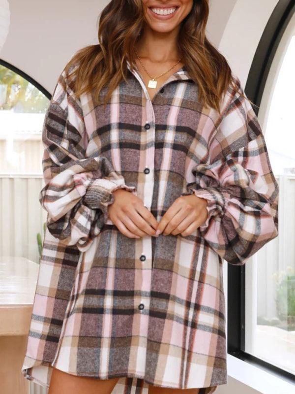 comfortable plaid lantern sleeve long sleeve shirt - 808Lush