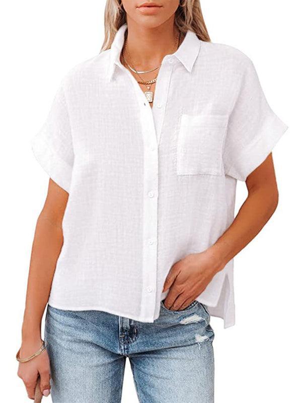 cotton and linen short-sleeved casual side slit pocket shirt - 808Lush