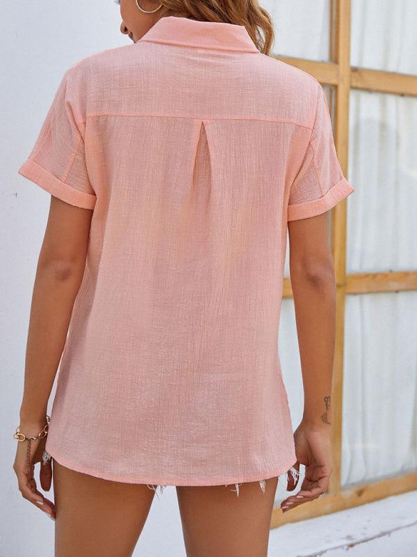 cotton and linen short-sleeved casual side slit pocket shirt - 808Lush