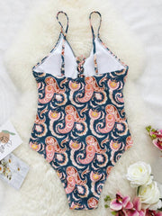 deep V strappy one-piece swimsuit cashew flower print triangle one-piece swimsuit - 808Lush