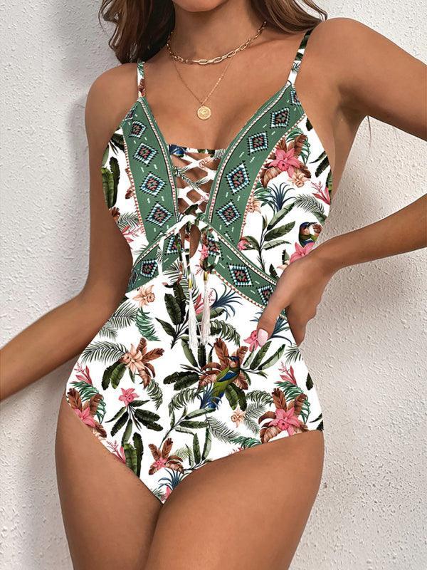 deep V strappy one-piece swimsuit cashew flower print triangle one-piece swimsuit - 808Lush