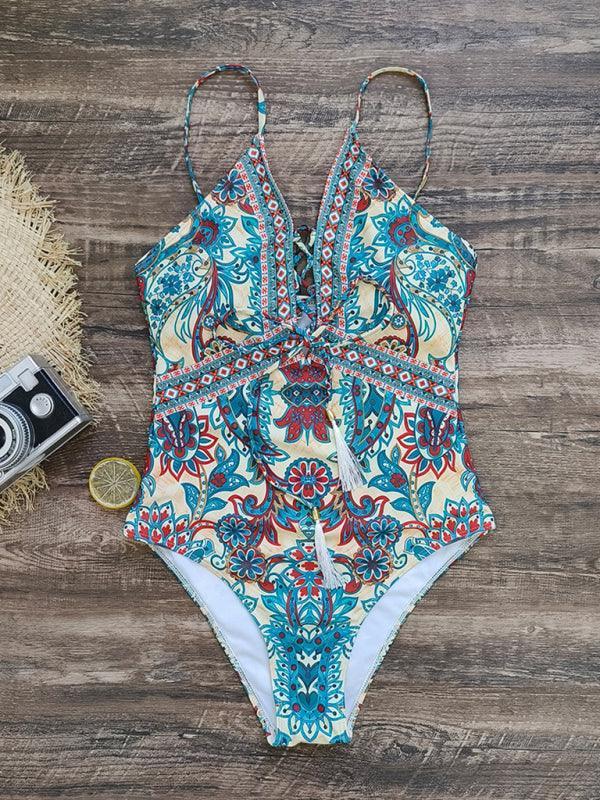 deep V strappy one-piece swimsuit cashew flower print triangle one-piece swimsuit - 808Lush