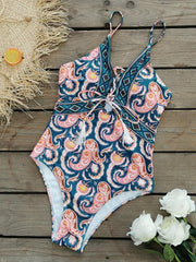 deep V strappy one-piece swimsuit cashew flower print triangle one-piece swimsuit - 808Lush