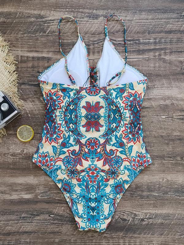 deep V strappy one-piece swimsuit cashew flower print triangle one-piece swimsuit - 808Lush