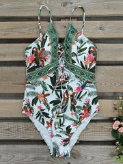 deep V strappy one-piece swimsuit cashew flower print triangle one-piece swimsuit - 808Lush