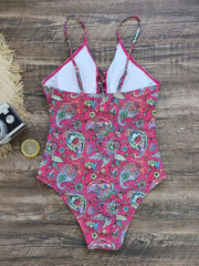 deep V strappy one-piece swimsuit cashew flower print triangle one-piece swimsuit - 808Lush