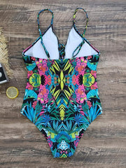 deep V strappy one-piece swimsuit cashew flower print triangle one-piece swimsuit - 808Lush