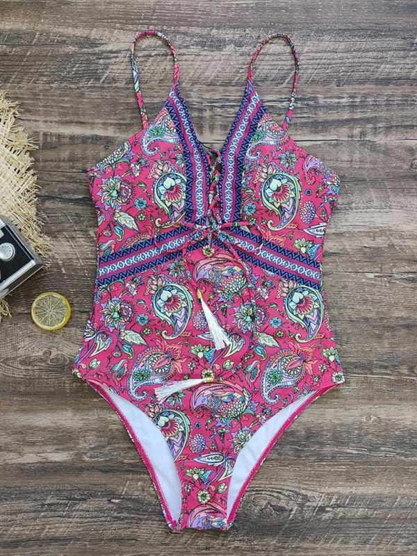 deep V strappy one-piece swimsuit cashew flower print triangle one-piece swimsuit - 808Lush