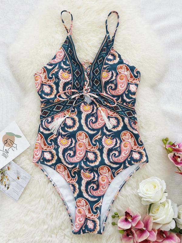 deep V strappy one-piece swimsuit cashew flower print triangle one-piece swimsuit - 808Lush