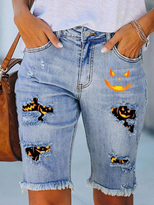 denim casual five-point pants Halloween printed pants raw edge jeans - 808Lush