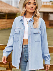 denim raw edge washed tassel top casual shirt - 808Lush