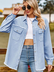 denim raw edge washed tassel top casual shirt - 808Lush