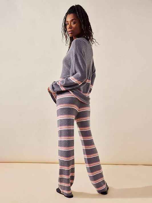 elegant round neck long sleeve striped sweater two-piece loose casual pants suit - 808Lush