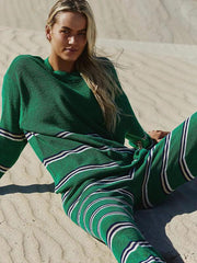 elegant round neck long sleeve striped sweater two-piece loose casual pants suit - 808Lush