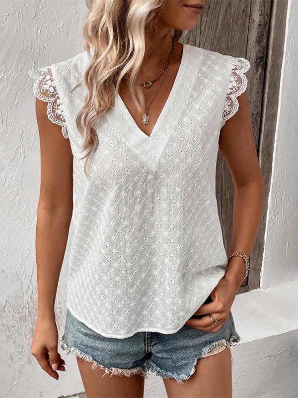 fashion cross-border women's ruffled sleeveless white shirt - 808Lush