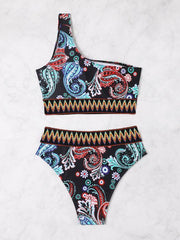 fashion printed elastic knitted one-shoulder split triangle bikini - 808Lush