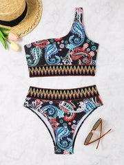 fashion printed elastic knitted one-shoulder split triangle bikini - 808Lush