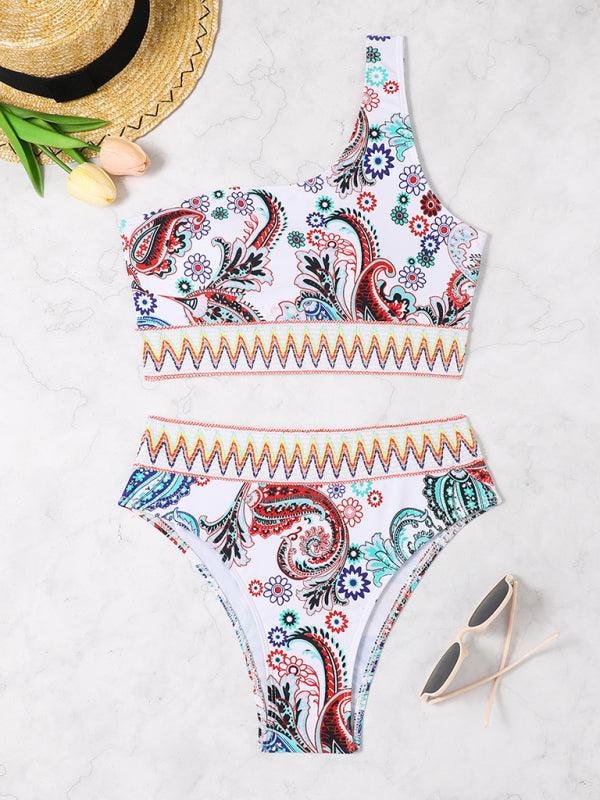 fashion printed elastic knitted one-shoulder split triangle bikini - 808Lush