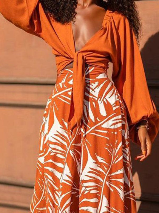 fashion temperament printed pants V-neck top long-sleeved two-piece set - 808Lush