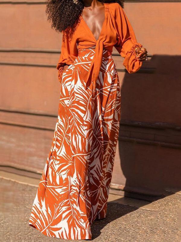 fashion temperament printed pants V-neck top long-sleeved two-piece set - 808Lush