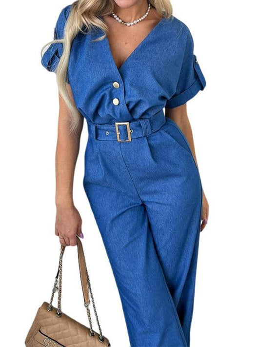 casual temperament V-neck short-sleeved straight jumpsuit - 808Lush