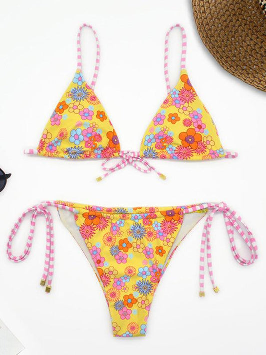 floral print strap triangle backless bikini - 808Lush