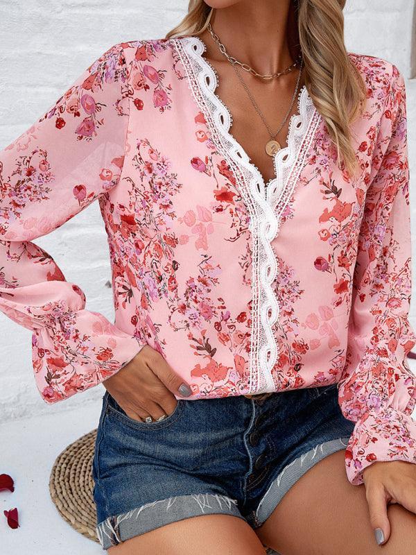 women's casual printed long-sleeved V-neck shirt - 808Lush