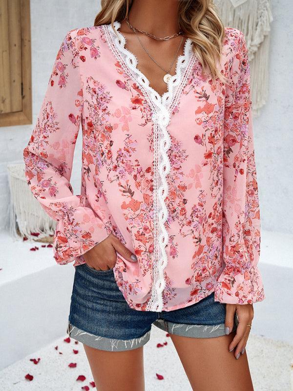 women's casual printed long-sleeved V-neck shirt - 808Lush