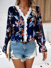 women's casual printed long-sleeved V-neck shirt - 808Lush