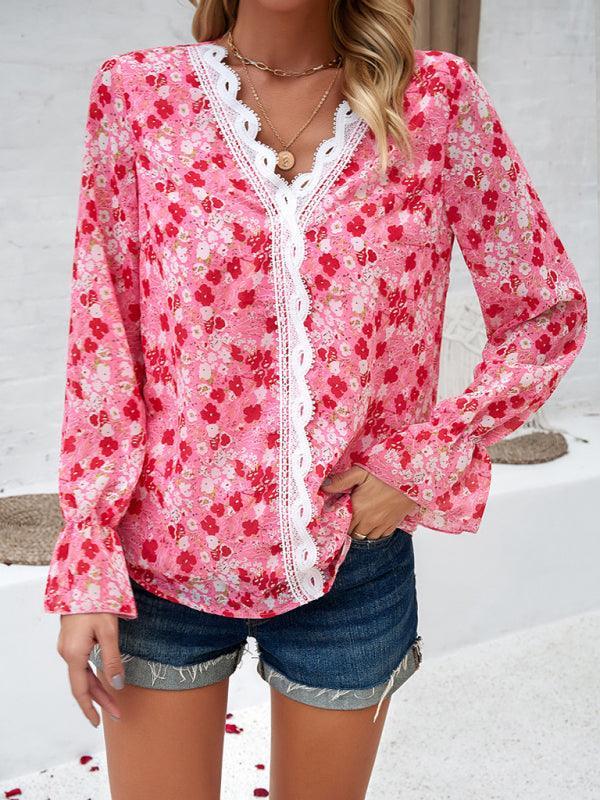 women's casual printed long-sleeved V-neck shirt - 808Lush