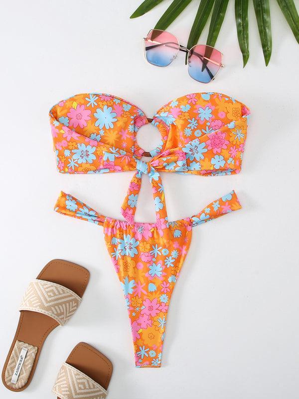 floral plaid print bandeau bikini - 808Lush