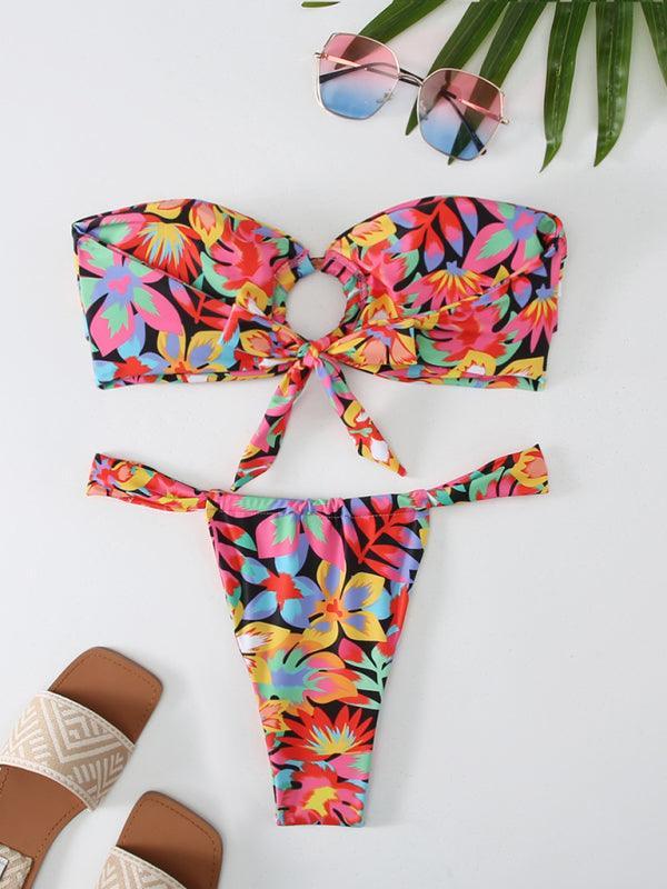 floral plaid print bandeau bikini - 808Lush