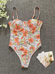 flower one-piece low-cut high-cross swimsuit - 808Lush