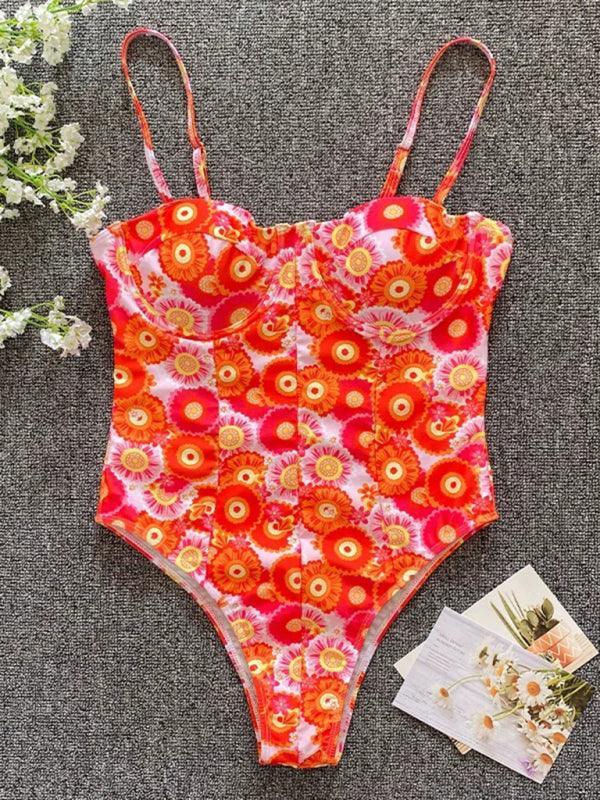 flower one-piece low-cut high-cross swimsuit - 808Lush