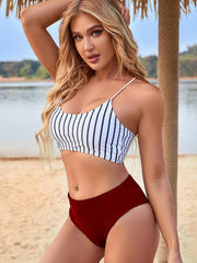 high waist split bikini skinny swimsuit striped beach vacation bikini - 808Lush