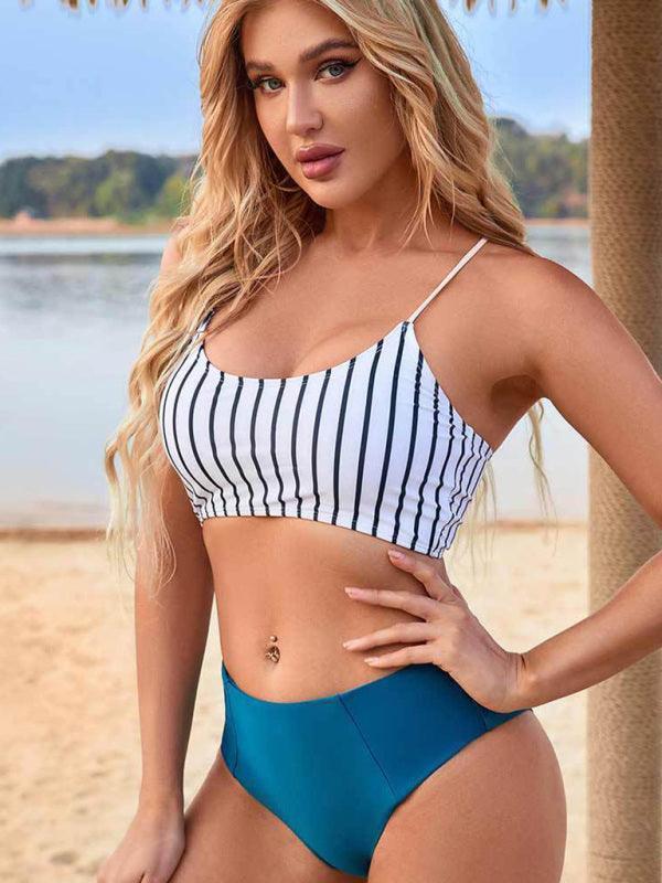 high waist split bikini skinny swimsuit striped beach vacation bikini - 808Lush