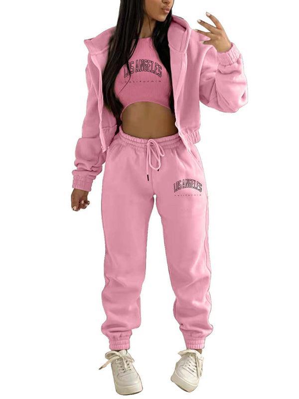 letter printed hooded sports and leisure suit (three-piece set) - 808Lush