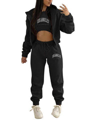 letter printed hooded sports and leisure suit (three-piece set) - 808Lush