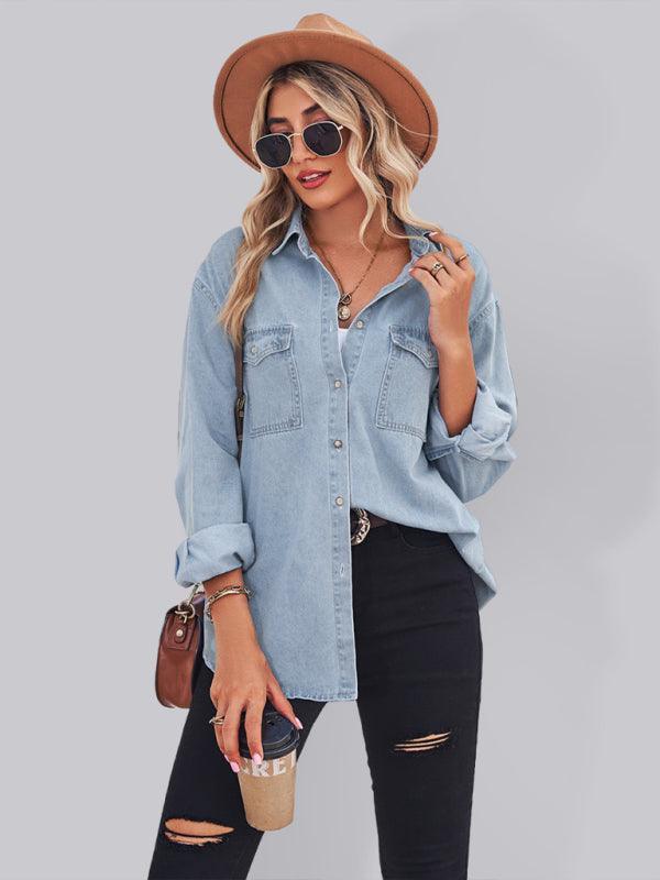 light-colored thin denim long-sleeved shirt for women - 808Lush