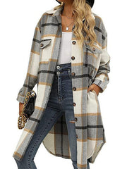 long plaid lapel buttoned wool casual windbreaker jacket - 808Lush