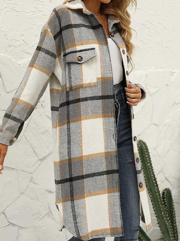 long plaid lapel buttoned wool casual windbreaker jacket - 808Lush