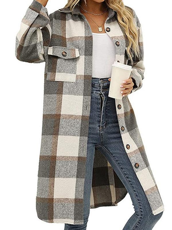 long plaid lapel buttoned wool casual windbreaker jacket - 808Lush