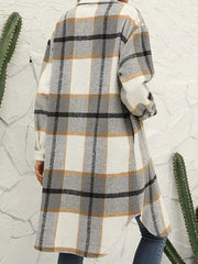 long plaid lapel buttoned wool casual windbreaker jacket - 808Lush