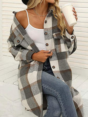 long plaid lapel buttoned wool casual windbreaker jacket - 808Lush