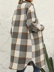 long plaid lapel buttoned wool casual windbreaker jacket - 808Lush